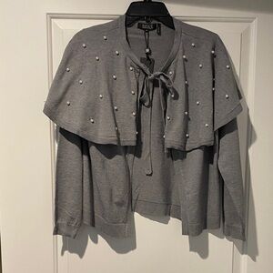 NWT Designer light  Gray Sweater with pretty fluttery cape & Pearl Details -